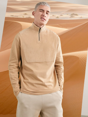 Asos Design Relaxed Long Sleeve T-shirt With High Neck Half Zip And Ribbed Velour Panel In Beige