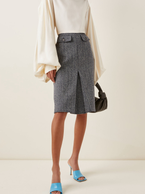 Pleated Double-faced Herringbone Wool-cotton Midi Skirt