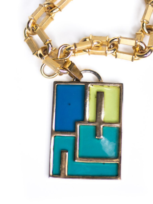 Vintage Geometric Blue Green Glass Pendant Necklace