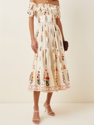 Banana Dahlia-embroidered Cotton Poplin Off-the-shoulder Midi Dress