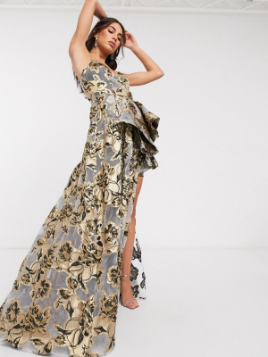 Bariano Ultimate High Low Jacquard Maxi Dress In Gold