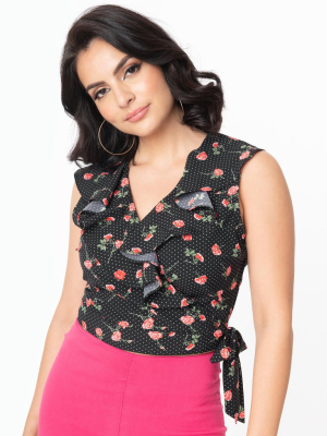 Unique Vintage Black & Pink Floral Pin Dot Hazel Wrap Top