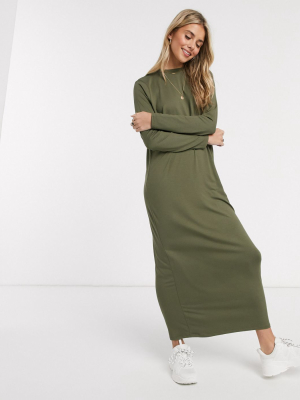 Asos Design Long Sleeve Maxi T-shirt Dress In Khaki