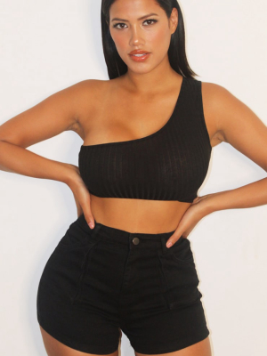 Shape Black Soft Rib One Shoulder Crop Top