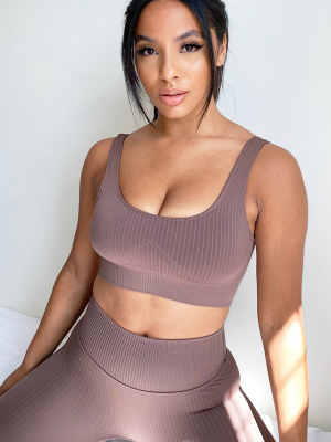 Mocha Ribbed Seamless Sports Bra