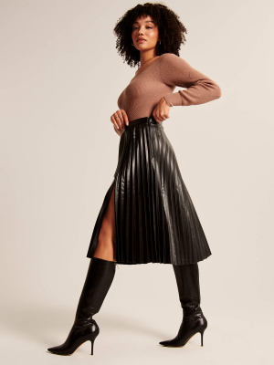 Vegan Leather Pleated Midi Skirt