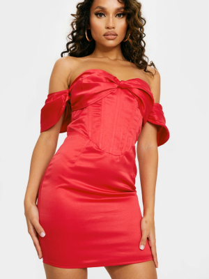 Petite Red Satin Bardot Corset Bodycon Dress