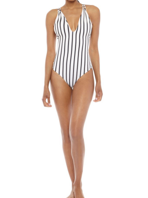 Elena Tank Maillot One Piece Swimsuit - Ceramic White & Black Stripe Print