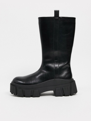 Asos Design Chelsea Calf Boots On Chunky Sole In Black Faux Leather