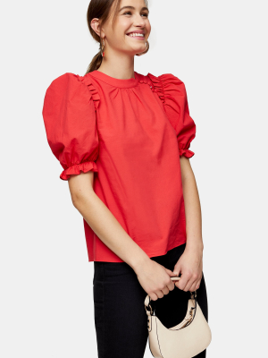 Red Textured Poplin Blouse