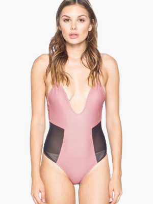 Limitless Mesh Color Block Plunging One Piece Swimsuit - Clay Red/black