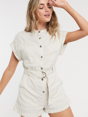 Bershka Utility Canvas Romper In Sand