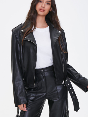 Faux Leather Belted Moto Jacket