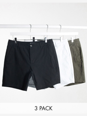 Asos Design Skinny Chino Shorts 3-pack In Khaki, Black, And White