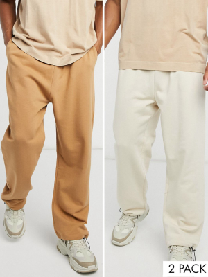 Asos Design Organic Super Oversized Sweatpants 2 Pack In Tobacco/beige With Toggle Hem