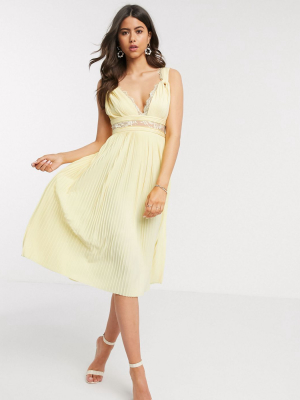 Asos Design Premium Twist Strap Lace Insert Midi Dress In Lemon