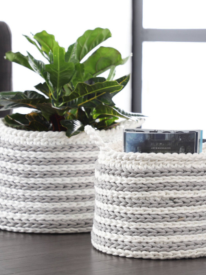 Striped Storage Basket With Cotton Rope 12.5" X 19" White/gray - Olivia & May