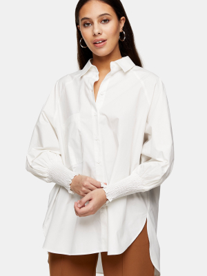 Petite Ivory Shirred Cuff Oversized Shirt