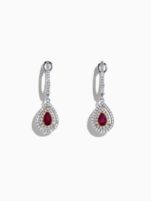 Effy Ruby Royale 14k Two Tone Gold Ruby And Diamond Pear Shaped Drop Earrings, 0.87 Tcw