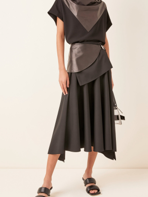 Leather-detailed Wool Wrap Skirt