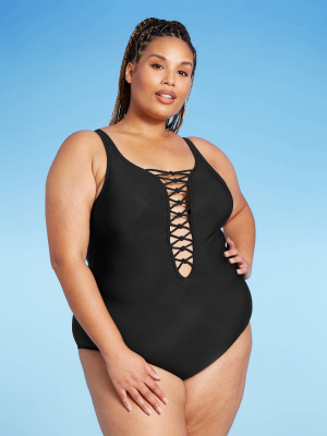 Women's Plus Size Lace-up One Piece Swimsuit - Aqua Green®