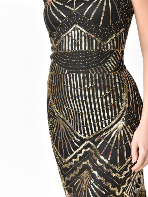 Unique Vintage Black & Gold Sequin Therese Long Flapper Dress