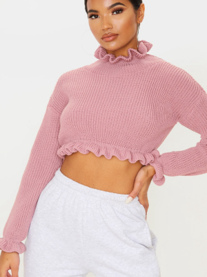 Rose Knit High Neck Ruffle Trim Crop Sweater