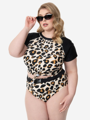 Plus Size Leopard Print Belted Swim Bottom