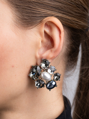 Rhodium And Pearl Clip Button Earrings