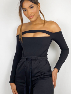 Black Crepe Front Cut Out Bardot Bodysuit