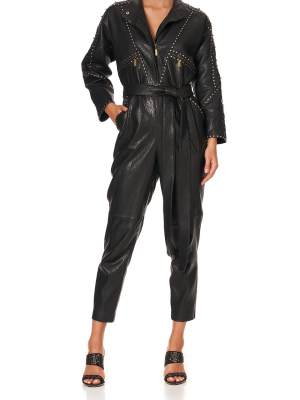 Zip Front Panel Leather Jumpsuit Leather