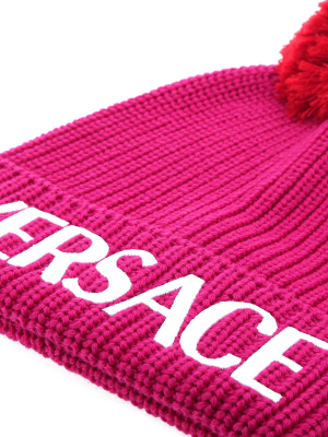 Versace Logo Printed Pompom Detailed Beanie