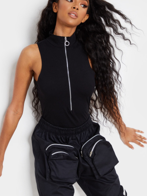 Black High Neck Ring Zip Sleeveless Bodysuit