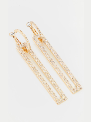 Gold Rectangle Diamante Statement Earrings