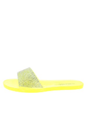 Jolie08 Neon Yellow Rhinestone Open Toe Slide Sandal