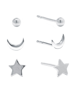 Sterling Silver Ball, Moon And Star Stud Trio Earring Set