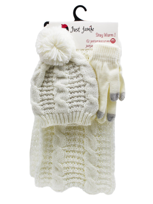 3 Pieces Cable Knit Hat, Glove, Scarf Set With Metallic