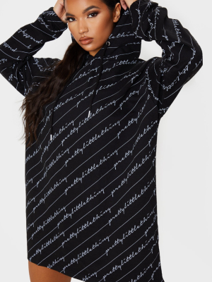 Prettylittlething Black Slogan Hoodie Dress