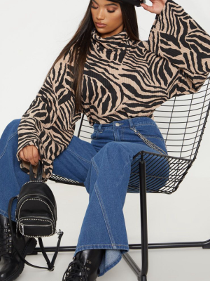 Tan Zebra Print Roll Neck Oversized Sweater