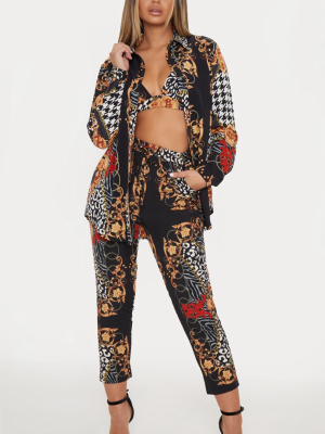 Black Mixed Print Satin Cigarette Pants