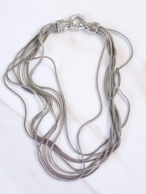 Vintage Silver Multi-strand Serpentine Chain Necklace With Rhinestone Clasp