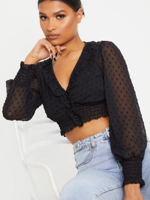 Black Dobby Mesh Shirred Waist Blouse