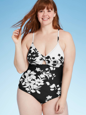 Women's Tie-front Medium Coverage One Piece Swimsuit - Kona Sol™ Black/white Floral