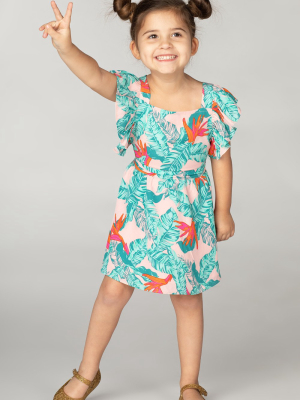 Buddylove Shiloh Girl's Flutter Sleeve Dress - Hibiscus