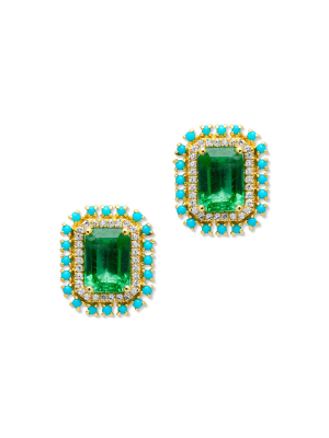 14kt Yellow Gold Emerald Turquoise Diamond Earrings