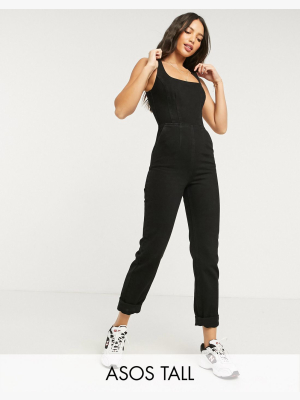 Asos Design Tall Denim Square Neck Fitted Jumpsuit In Washed Black