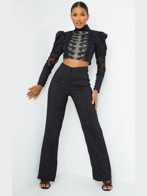 Black Woven Lace Panel Puff Sleeve Cropped Blouse