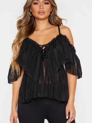 Black Mesh Ruffle Blouse