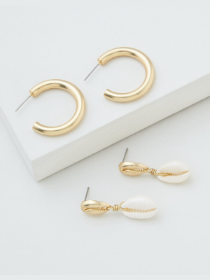 Aeo Cowrie Shell + Hoop Earrings 2-pack