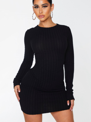 Shape Black Soft Rib Long Sleeve Bodycon Dress